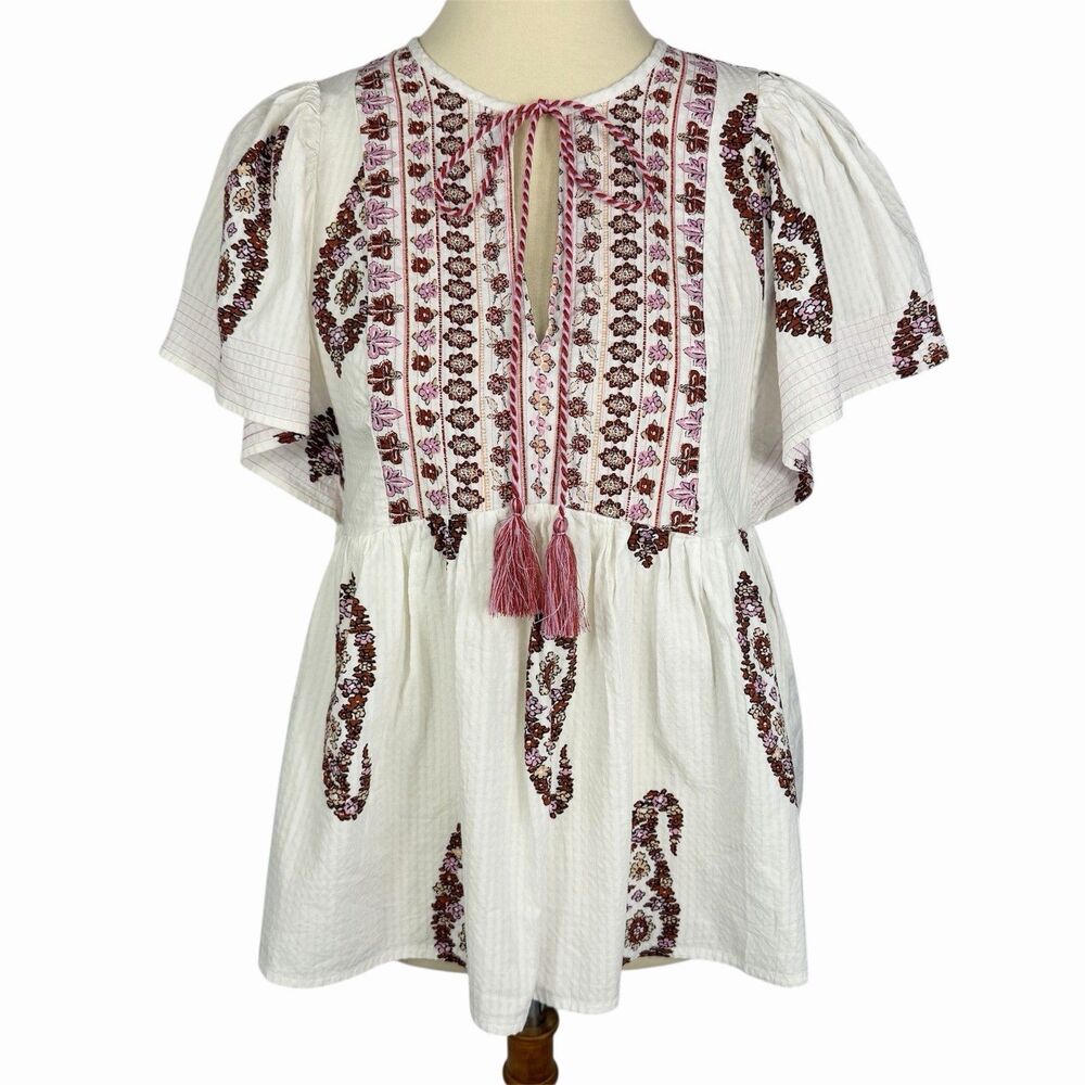 NEW Knox Rose Pink Paisley Flutter Sleeve Tie Neck Boho Babydoll Top Women Small